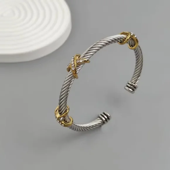 Two-Tone Silver and Gold Twisted Cable Cuff with Crystal Knots - Picture 1 of 6